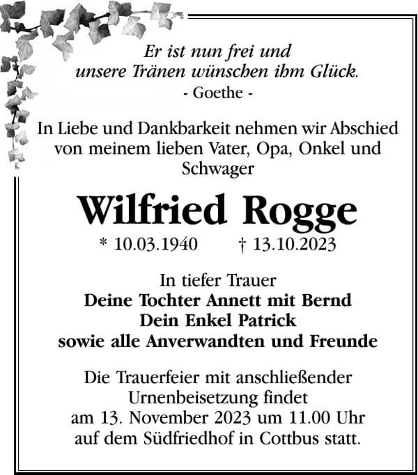 Traueranzeige Wilfried Rogge