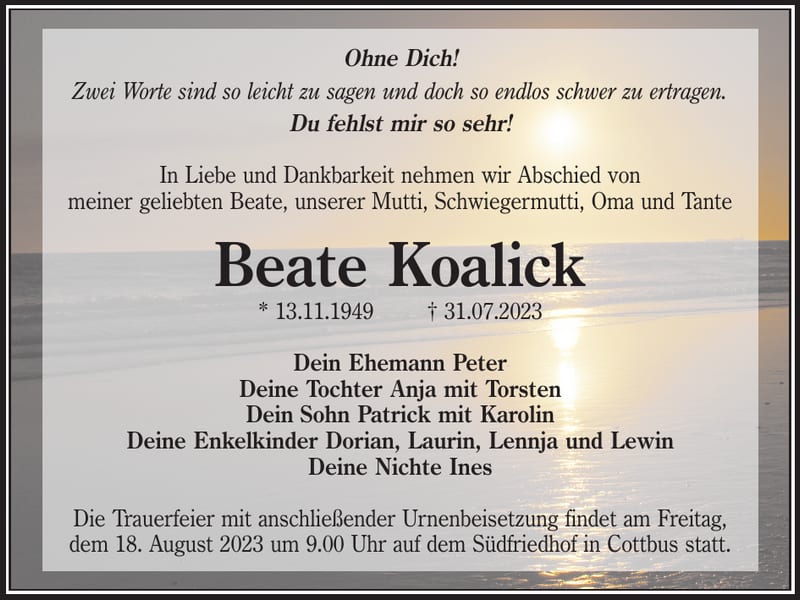 Traueranzeige Beate Koalick