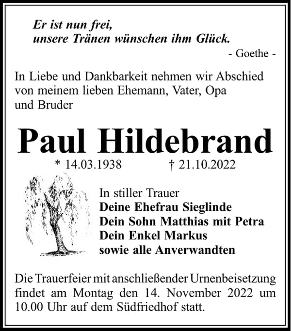 Traueranzeige Paul Hildebrand