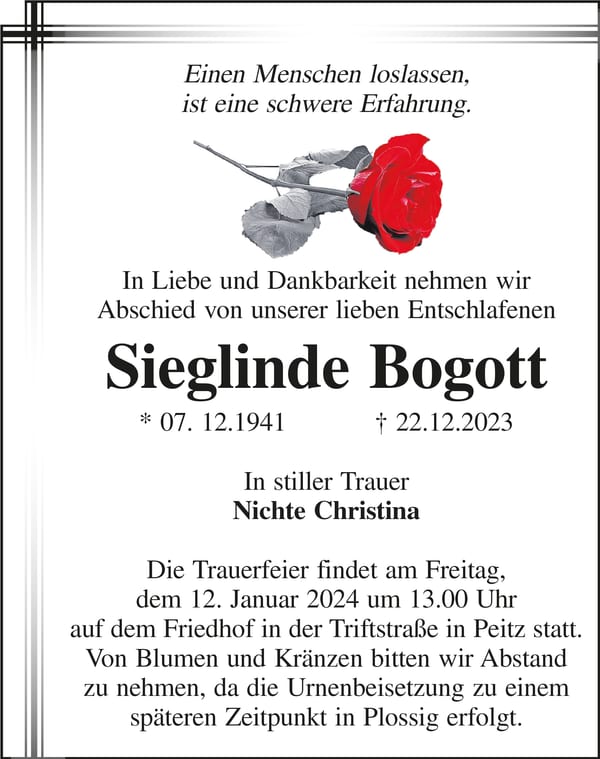 Traueranzeige Sieglinde Bogott