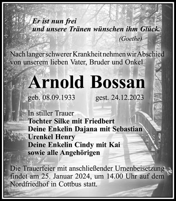 Traueranzeige Arnold Bossan