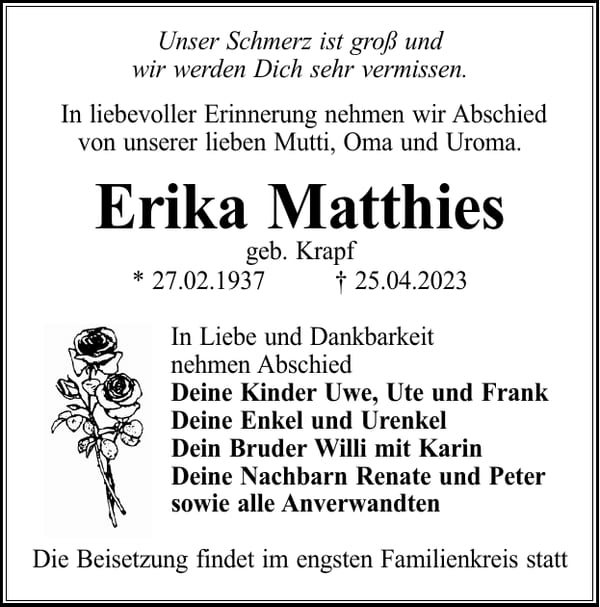 Traueranzeige Erika Matthies, geb. Krapf