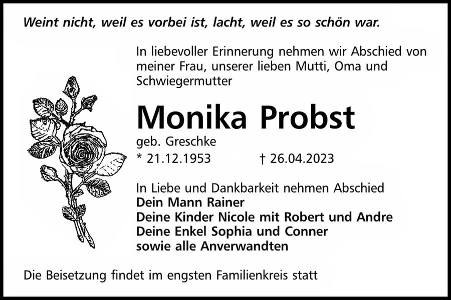 Traueranzeige Monika Probst, geb. Greschke