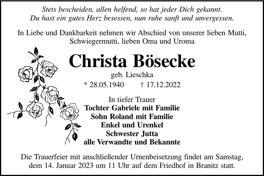 Traueranzeige Christa Bösecke, geb. Lieschka