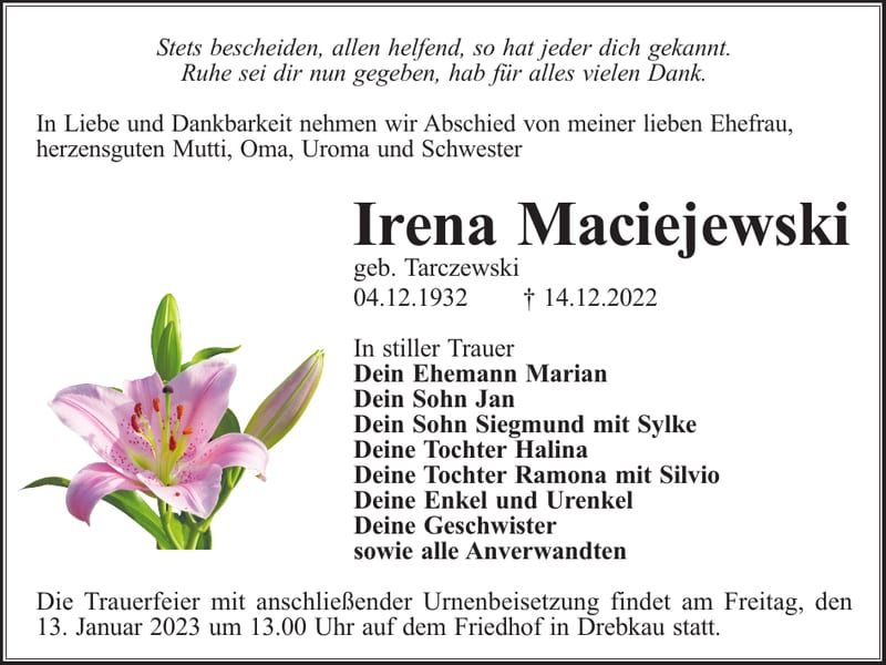 Traueranzeige Irena Maciejewski, geb. Tarczewsk
