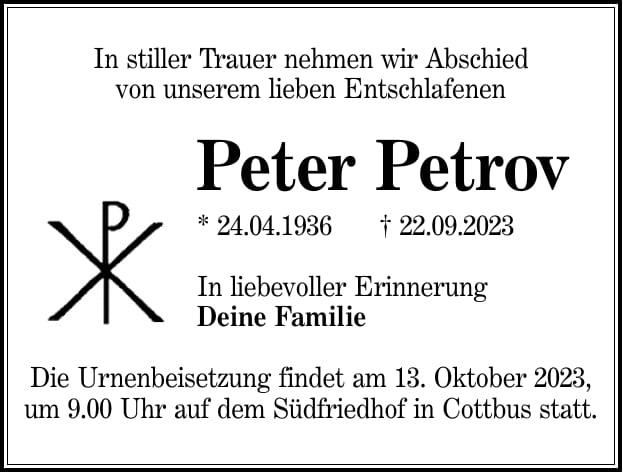 Traueranzeige Peter Petrov