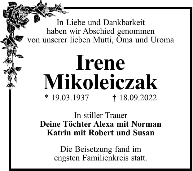 Traueranzeige Irene Mikoleiczak