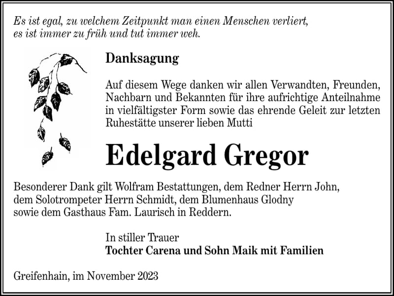 Danksagung Edelgard Gregor