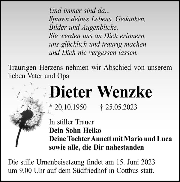 Traueranzeige Dieter Wenzke