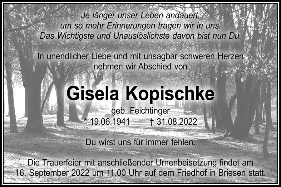 Traueranzeige Gisela Kopischke, geb. Feichtinger