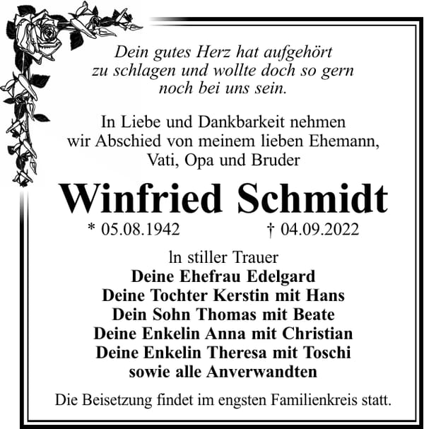 Traueranzeige Winfried Schmidt