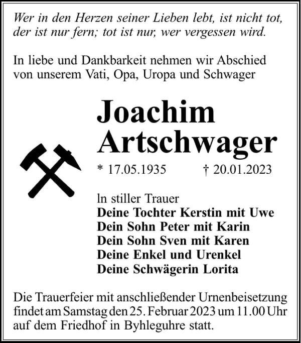 Traueranzeige Joachim Artschwager