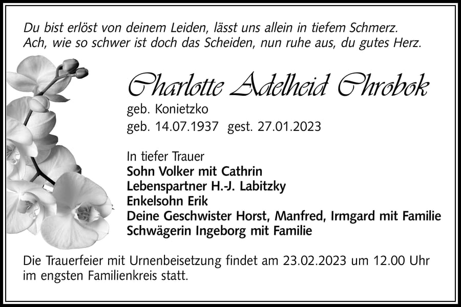 Traueranzeige Charlotte Adelheid Chrobok, geb. Konietzko