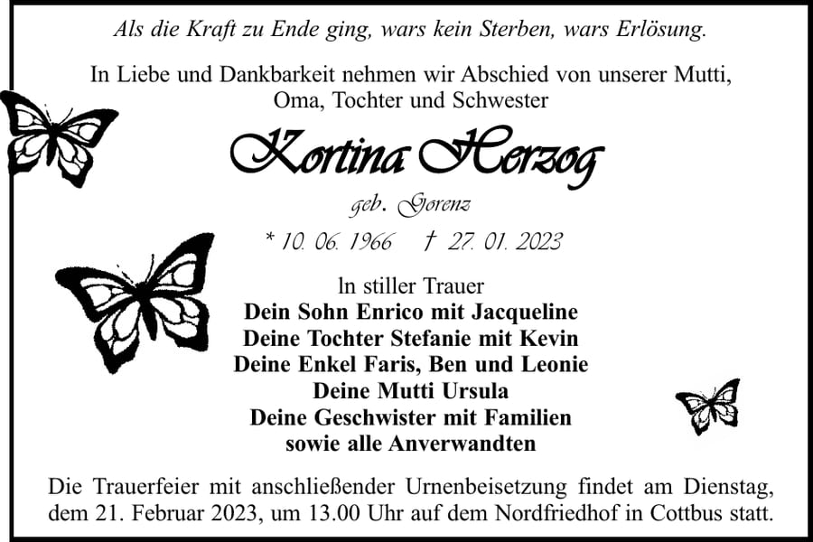 Traueranzeige Kortina Herzog, geb. Gorenz