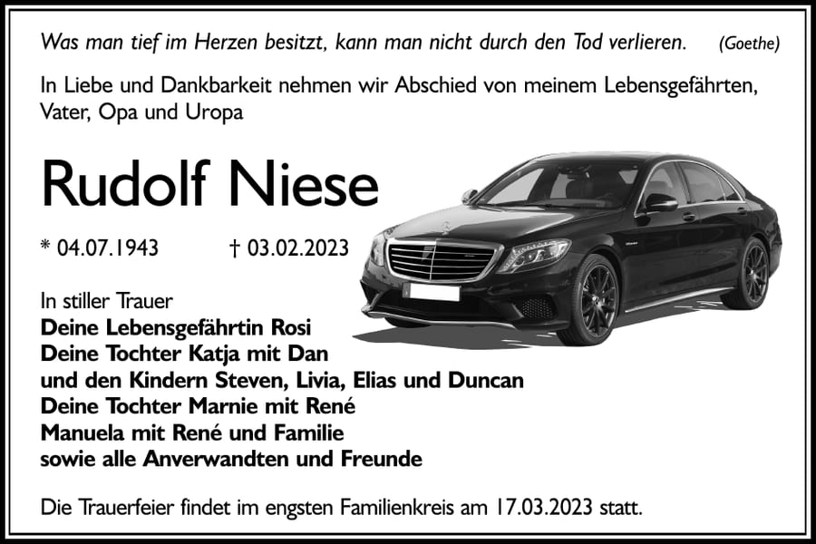 Traueranzeige Rudolf Niese