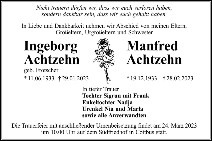 Traueranzeige Ingeborg Achtzehn, geb. Frotscher und Manfred Achtzehn
