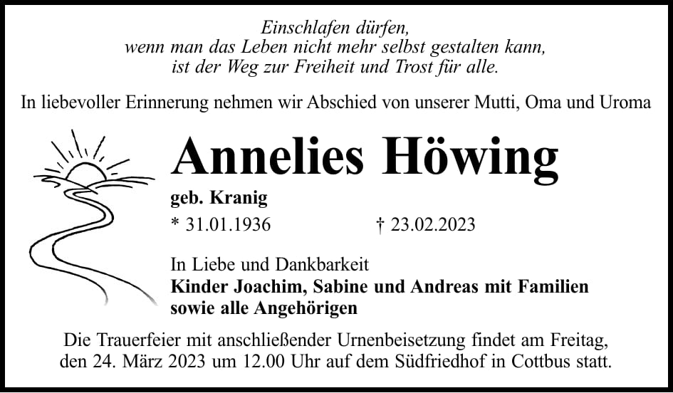 Traueranzeige Annelies Höwing, geb. Kranig