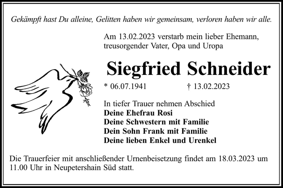 Traueranzeige Siegfried Schneider