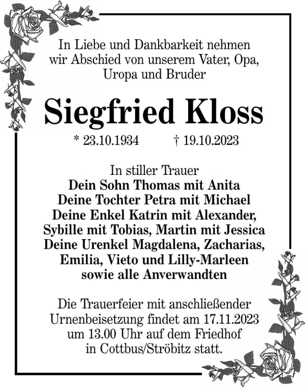 Traueranzeige Siegfried Kloss