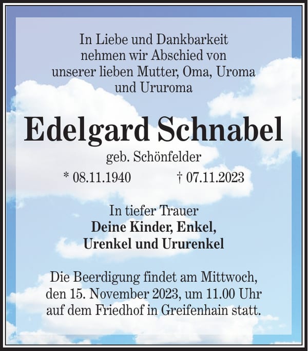 Traueranzeige Edelgard Schnabel, geb. Schönfelder