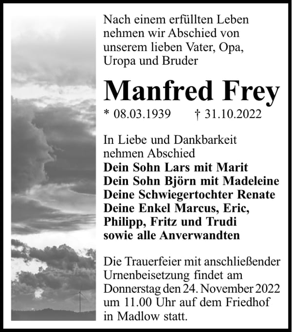 Traueranzeige Manfred Frey