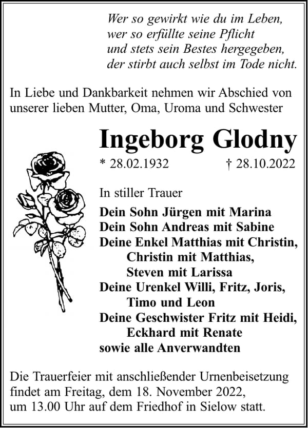 Traueranzeige Ingeborg Glodny