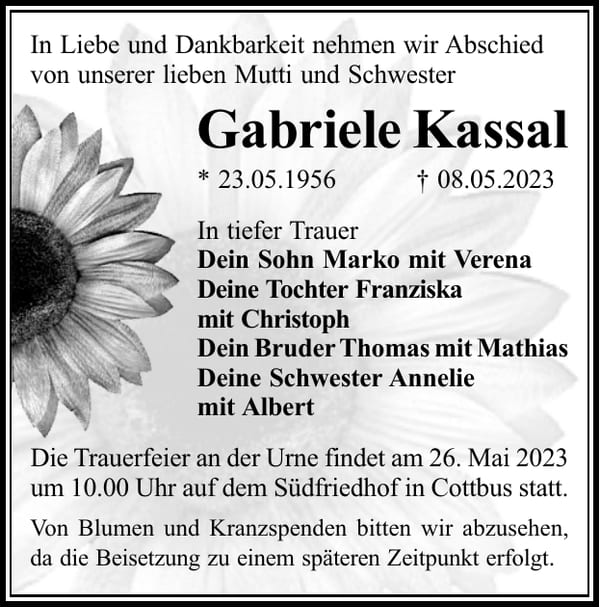 Traueranzeige Gabriele Kassal
