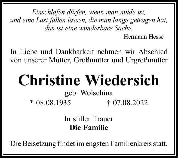 Traueranzeige Christine Wiedersich, geb. Wolschina