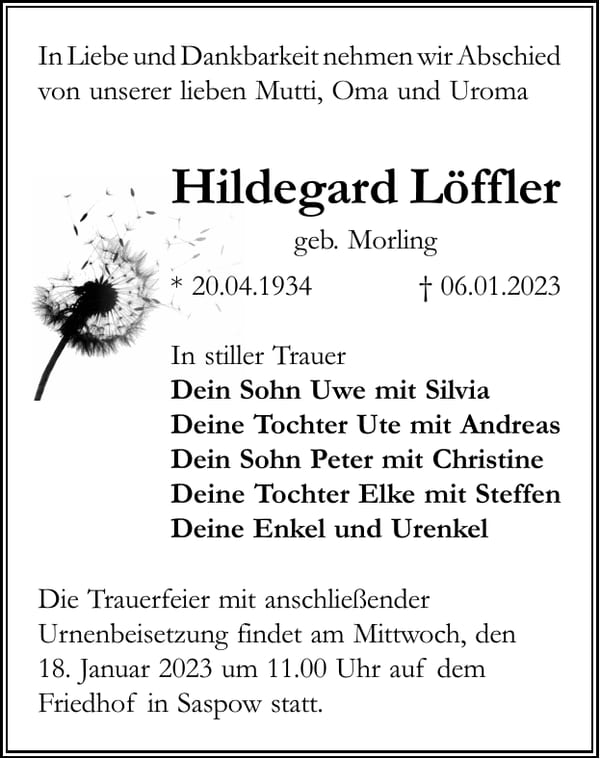 Traueranzeige Hildegard Löffler, geb. Morling
