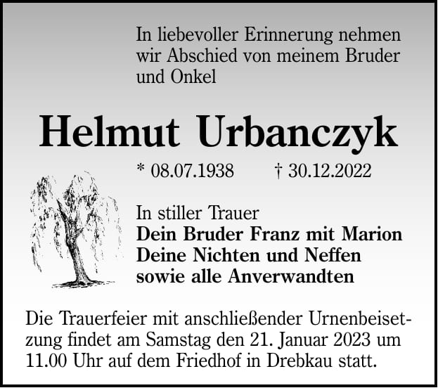 Traueranzeige Helmut Urbanczyk