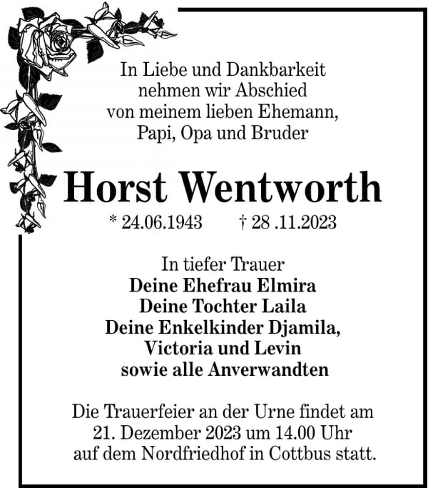 Traueranzeige Horst Wentworth