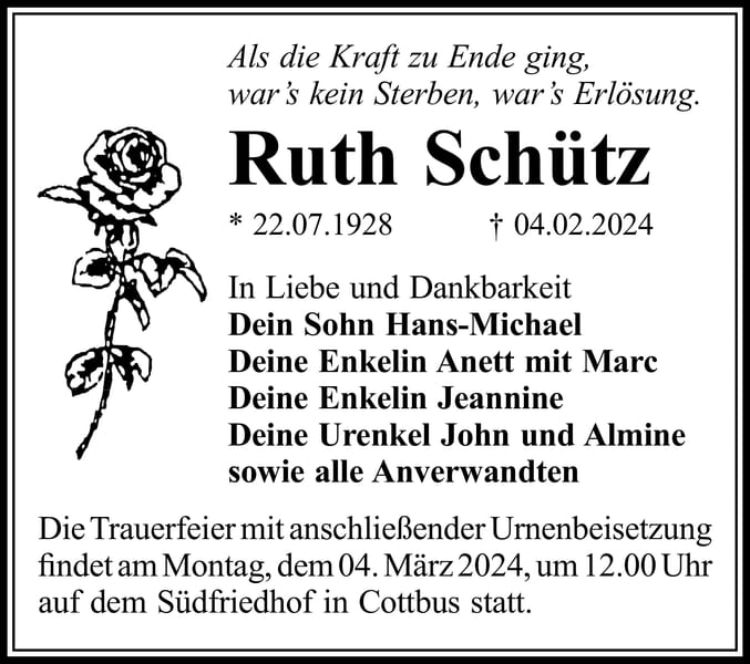 Traueranzeige Ruth Schütz