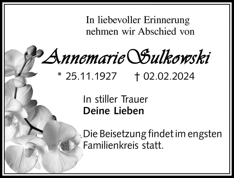 Traueranzeige Annemarie Sulkowski