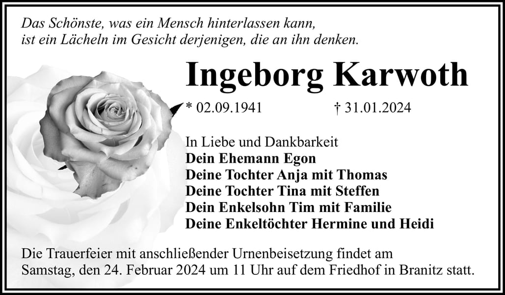 Traueranzeige Ingeborg Karwoth