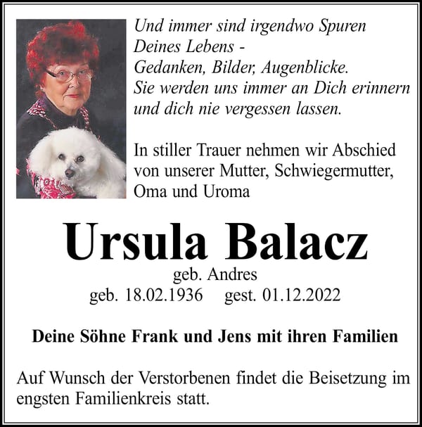 Traueranzeige Ursula Balacz, geb. Andres