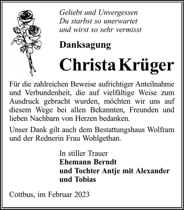Danksagung Christa Krüger