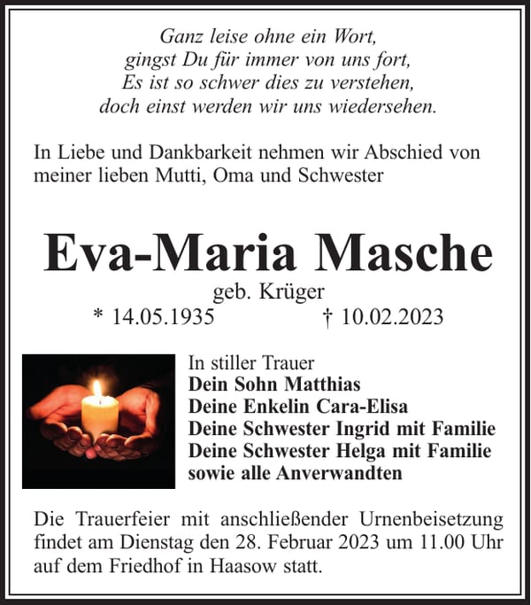 Traueranzeige Eva-Maria Masche, geb. Krüger