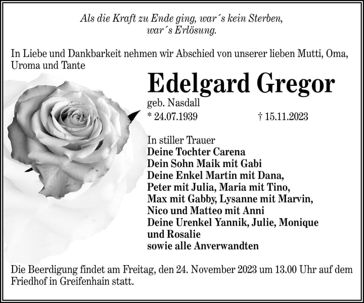 Traueranzeige Edelgard Gregor, geb. Nasdall
