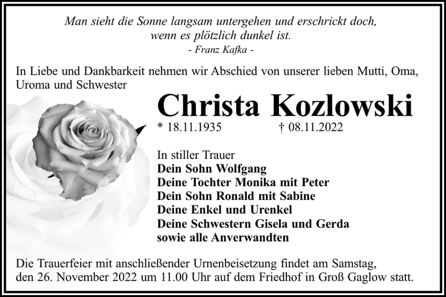 Traueranzeige Christa Kozlowski