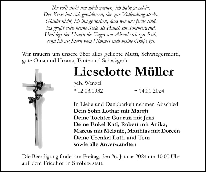 Traueranzeige Lieselotte Müller, geb. Wenzel