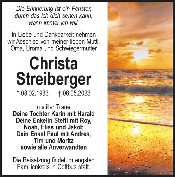 Traueranzeige Christa Streiberger