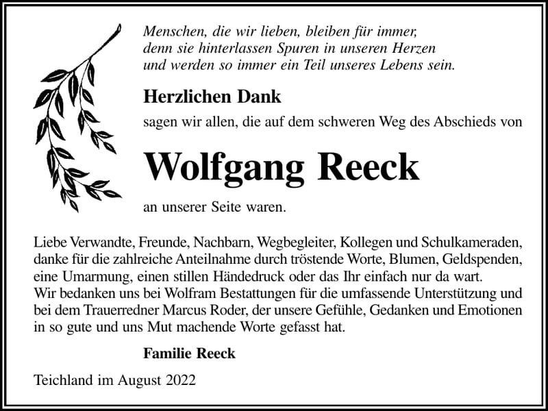 Danksagung Wolfgang Reeck