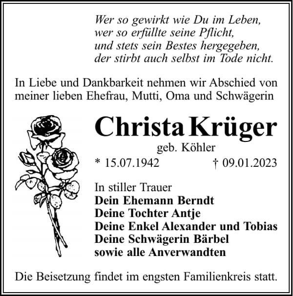 Traueranzeige Christa Krüger, geb. Köhler