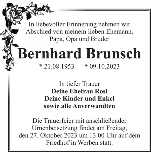 Traueranzeige Bernhard Brunsch