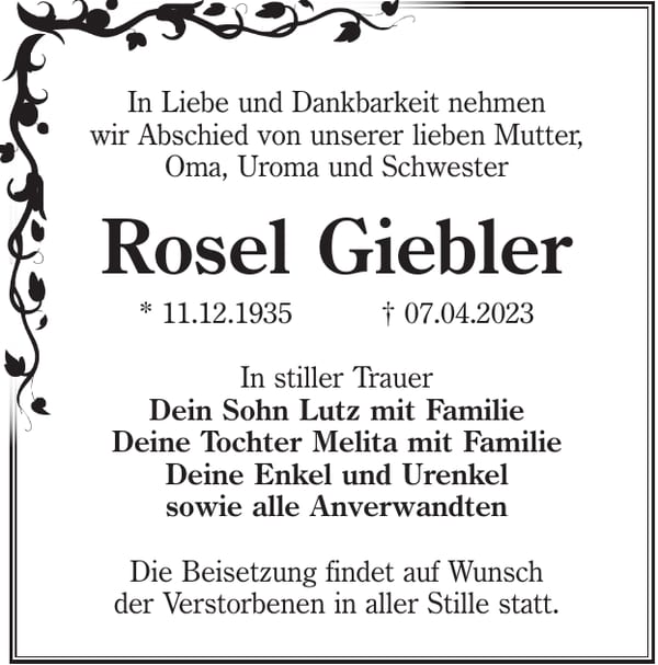 Traueranzeige Rosel Giebler