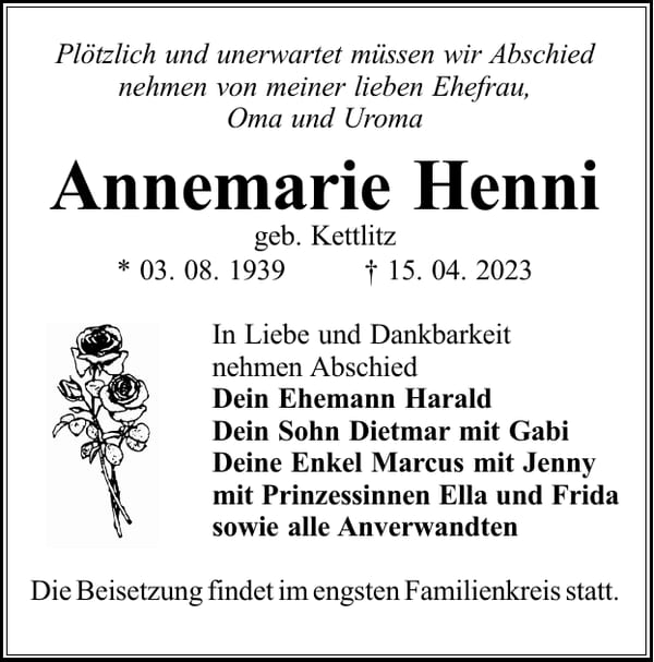 Traueranzeige Annemarie Henni, geb. Kettlitz