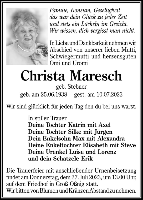Traueranzeige Christa Maresch, geb. Stebner