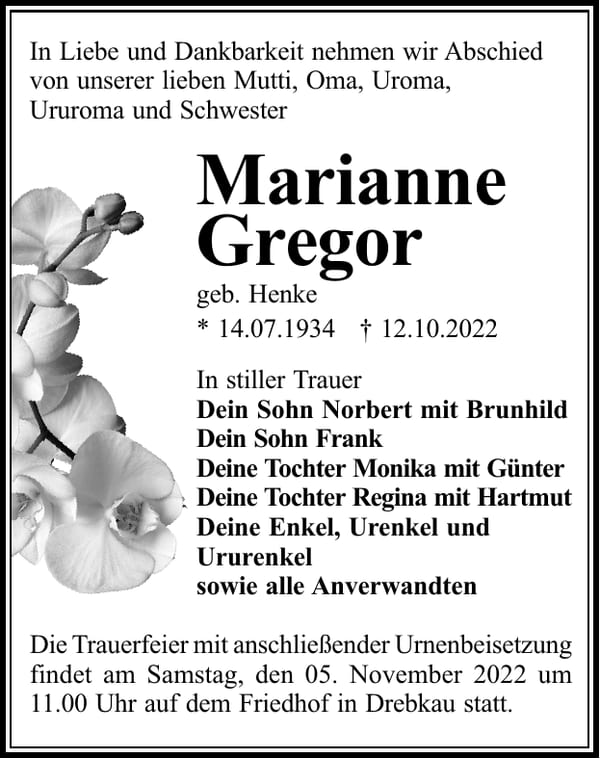 Traueranzeige Marianne Gregor, geb. Henke