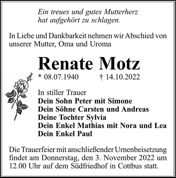 Traueranzeige Renate Motz