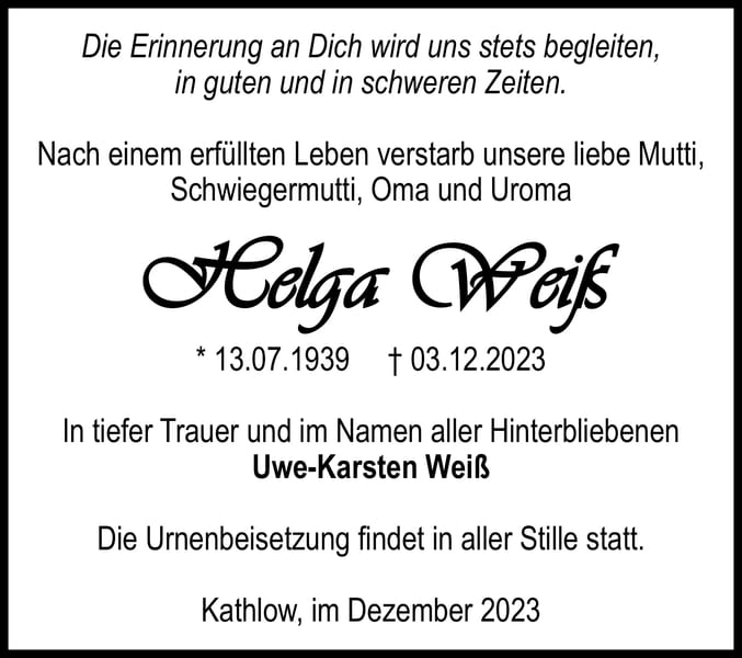 Traueranzeige Helga Weiß